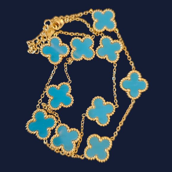 Turquoise blue Hope, Faith, Love and Luck clover fashion necklace 16 inches - Picture 3 of 9